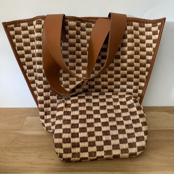 By Anthropologie Raffia Checkered Angular Tote Bag NWT - Picture 3 of 12